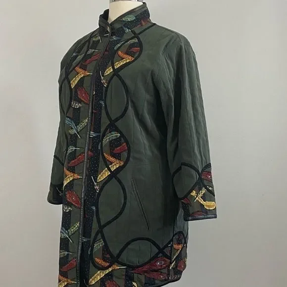 Wearable art reversible feathers green coat sz 18 - Picture 4 of 8